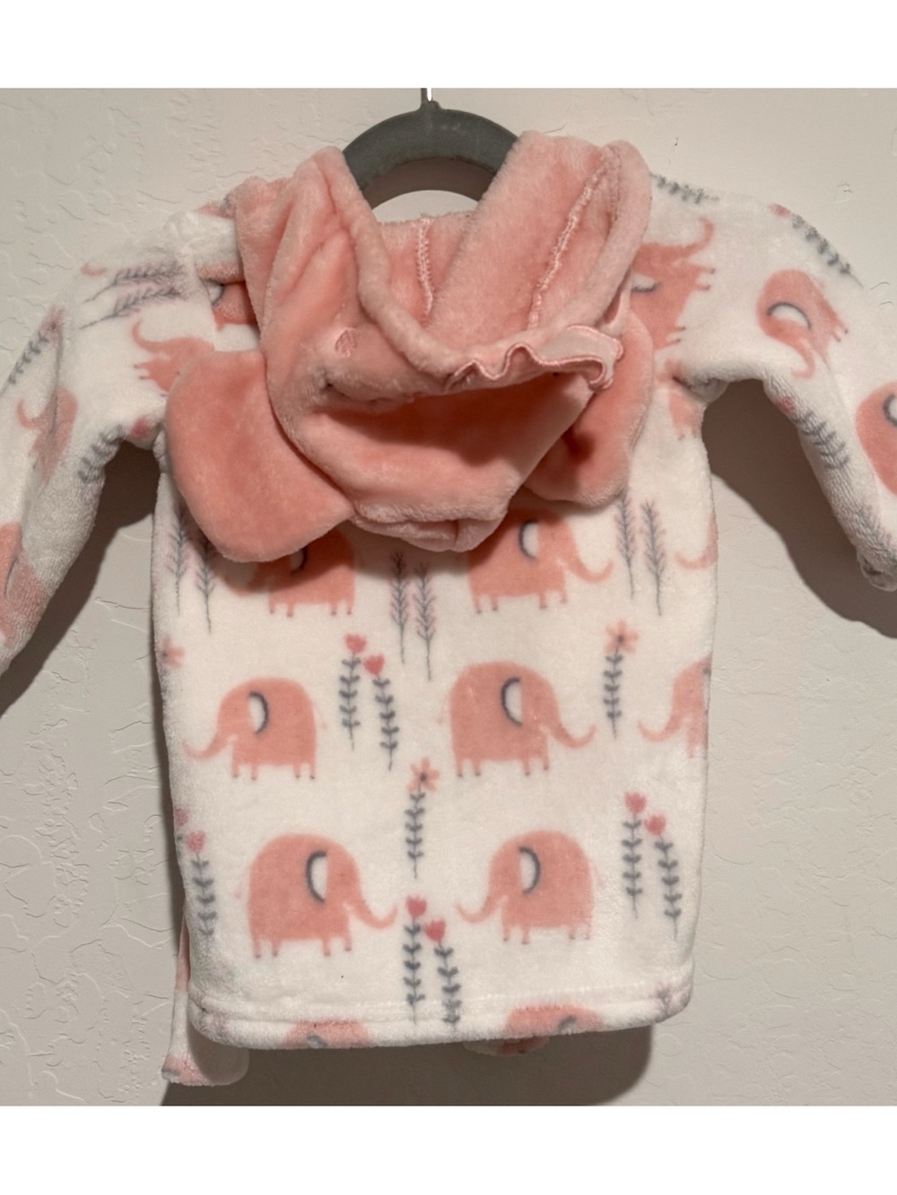 Kids Plush Hooded Jacket with Pink Elephant Print